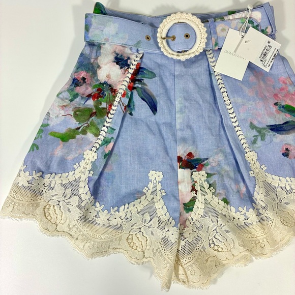 *SOLD* Zimmermann Everley Floral Belted Lace Trim Linen Shorts Light Blue NWT - Picture 9 of 17
